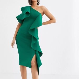 Lavish Alice Emerald Green Cold Shoulder Scuba Midi Dress